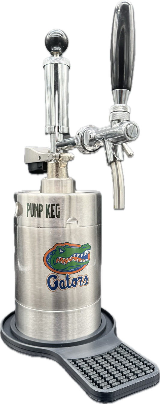 2 liter UF (current UF logo)(small) customized Pump Keg, standard tap, keg opener, drip tray, 26 cocktail recipes, 16 shot recipes all included. Packed nicely in a gift box for your favorite Gator fan. Holds 10-12 cocktails/65 oz