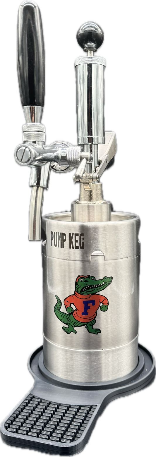 2 liter UF (classic fighting Albert)(small) customized Pump Keg, standard tap, keg opener, drip tray, 26 cocktail recipes, 16 shot recipes all included. Packed nicely in a gift box for your favorite Gator fan. Holds 10-12 cocktails/65 oz