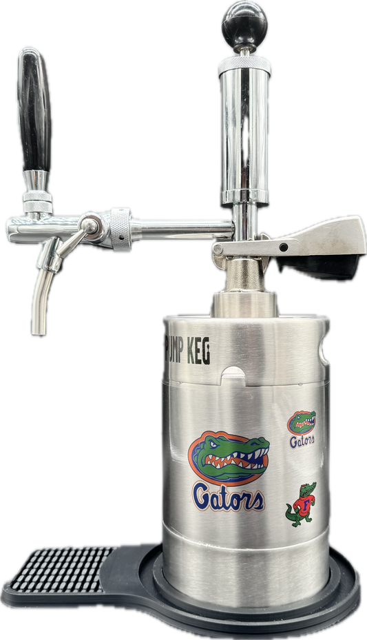 2 liter UF (classic Albert AND new Gator logo) (small) customized Pump Keg, standard tap, keg opener, drip tray, 26 cocktail recipes, 16 shot recipes all included. Packed nicely in a gift box for your favorite Gator fan. Holds 10-12 cocktails/65 oz