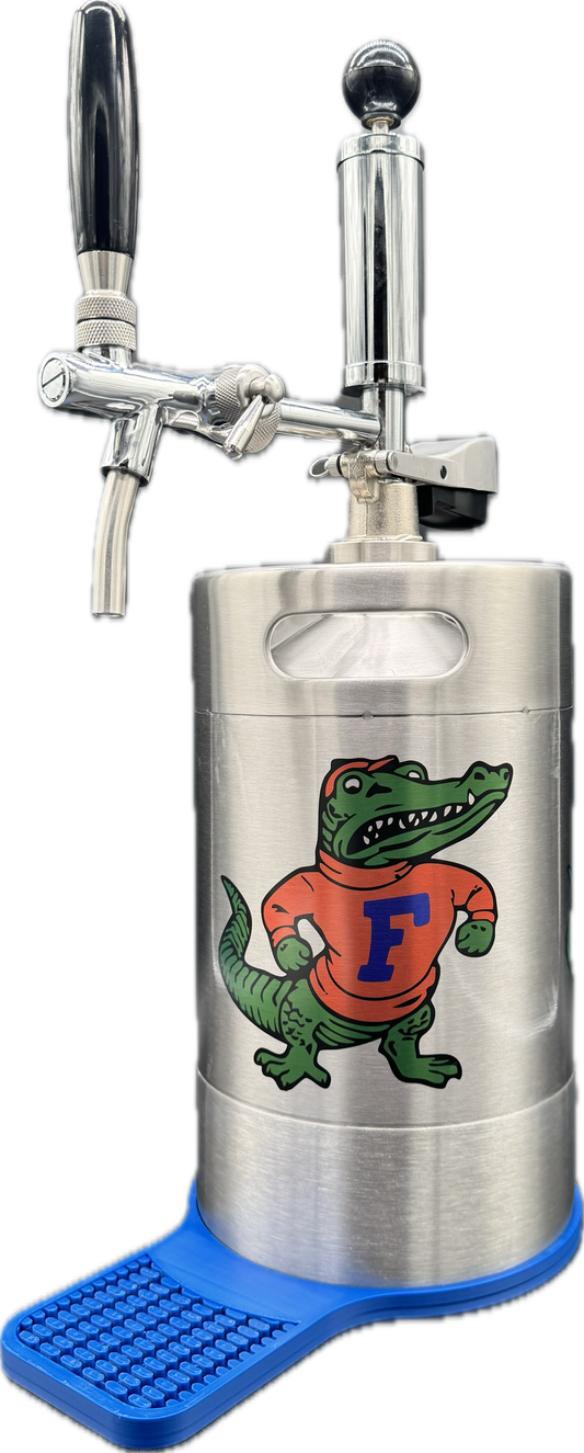 5 liter UF classic Albert (large) customized Pump Keg, standard tap, keg opener, drip tray, 26 cocktail recipes, 16 shot recipes all included. Packed nicely in a gift box for your favorite   Gator fan. Holds 30-35 cocktails or 169 fluid ounces. 