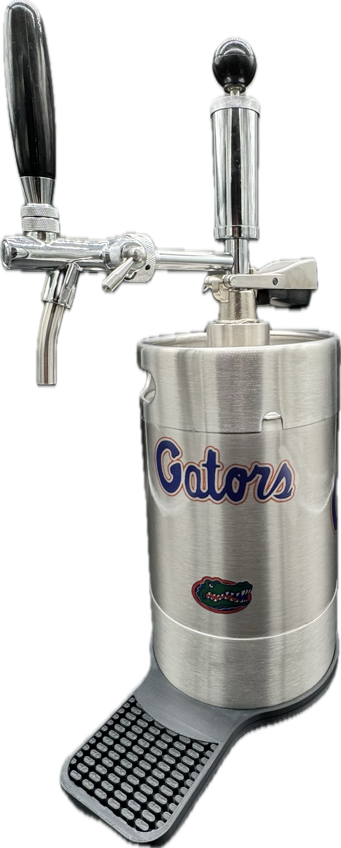 5 liter UF current Gator (large) customized Pump Keg, standard tap, keg opener, drip tray, 26 cocktail recipes, 16 shot recipes all included. Packed nicely in a gift box for your favorite   Gator fan. Holds 30-35 cocktails or 169 fluid ounces. 