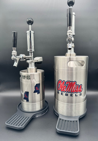 2 liter Ole Miss (small)  customized Pump Keg, standard tap, keg opener, drip tray, 26 cocktail recipes, 16 shot recipes all included. Packed nicely in a gift box for your favorite Rebel’s fan. Holds 10-12 cocktails or 65 fluid ounces. 