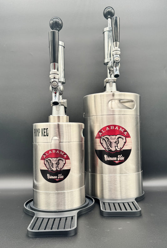 5 liter Alabama Crimson Tide (large) customized Pump Keg, standard tap, keg opener, drip tray, 26 cocktail recipes, 16 shot recipes all included. Packed nicely in a gift box for your favorite Roll Tide fan. Holds 30-35 cocktails or 169 fluid ounces. 