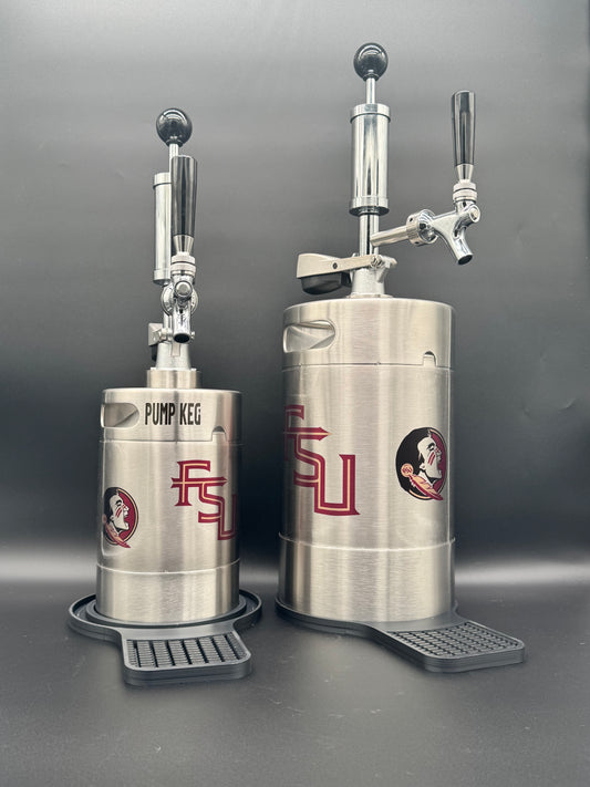 2 liter Florida State Seminole (small) customized Pump Keg, standard tap, keg opener, drip tray, 26 cocktail recipes, 16 shot recipes all included. Packed nicely in a gift box for your favorite Noles fan. Holds 10-12 cocktails or 65 fluid ounces. 