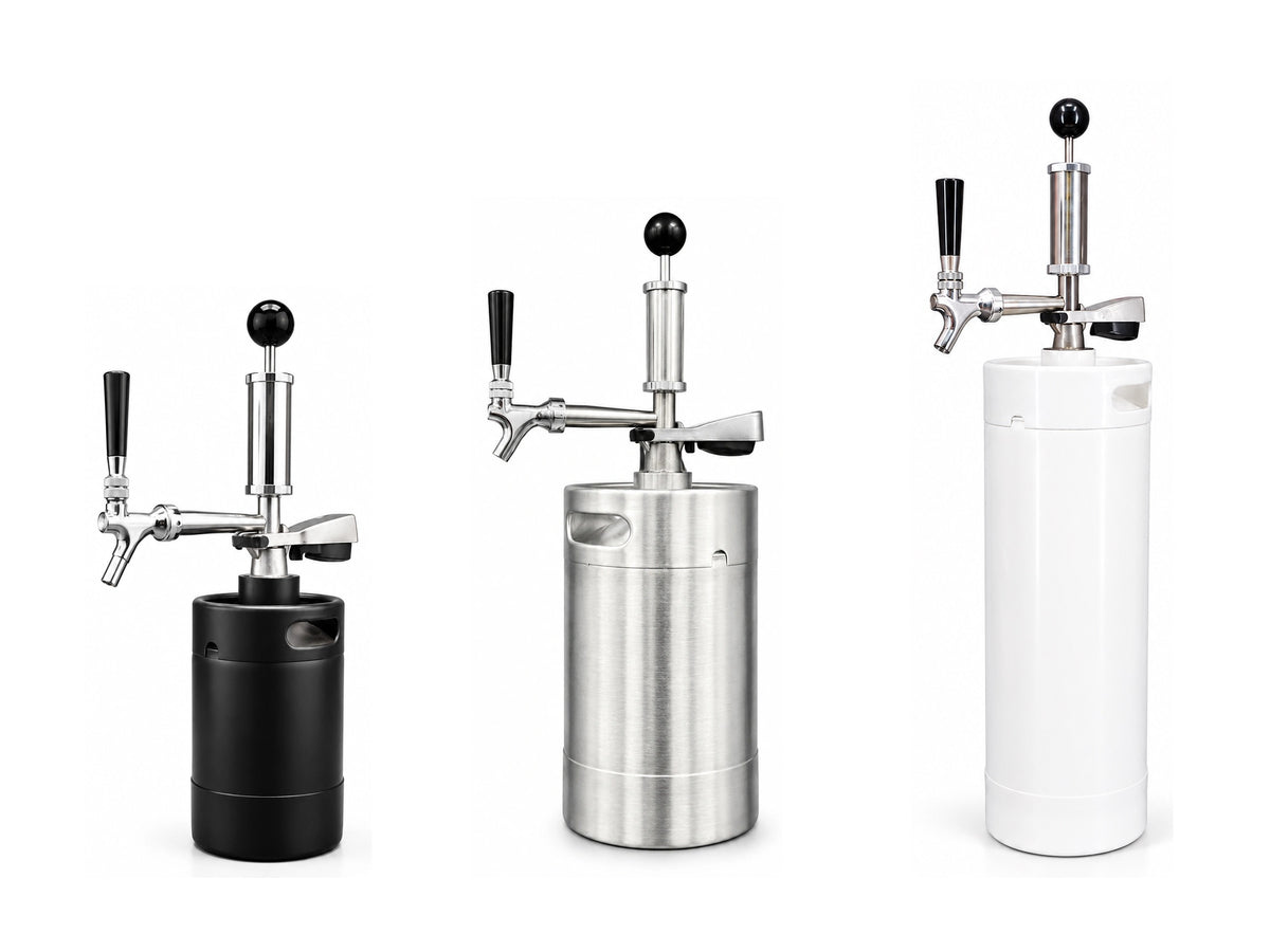 2L, 5L and 10L Pump Keg portable cocktail dispensers in black, stainless steel and white