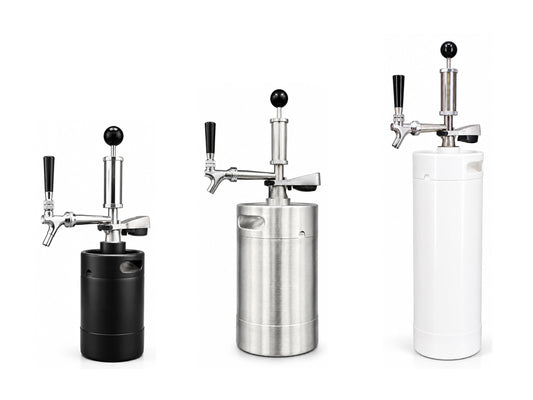 2L, 5L and 10L Pump Keg portable cocktail dispensers in black, stainless steel and white