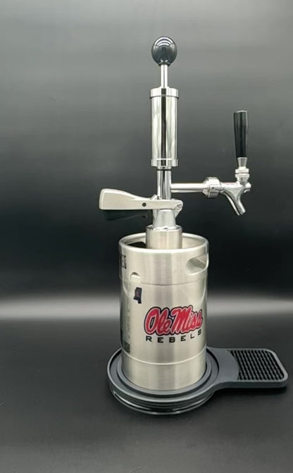 2 liter Ole Miss (small)  customized Pump Keg, standard tap, keg opener, drip tray, 26 cocktail recipes, 16 shot recipes all included. Packed nicely in a gift box for your favorite Rebel’s fan. Holds 10-12 cocktails or 65 fluid ounces. 