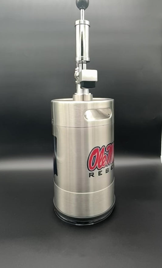 5 liter Ole Miss (large)  customized Pump Keg, standard tap, keg opener, drip tray, 26 cocktail recipes, 16 shot recipes all included. Packed nicely in a gift box for your favorite Rebel’s fan. Holds 30-35 cocktails or 169 fluid ounces. 