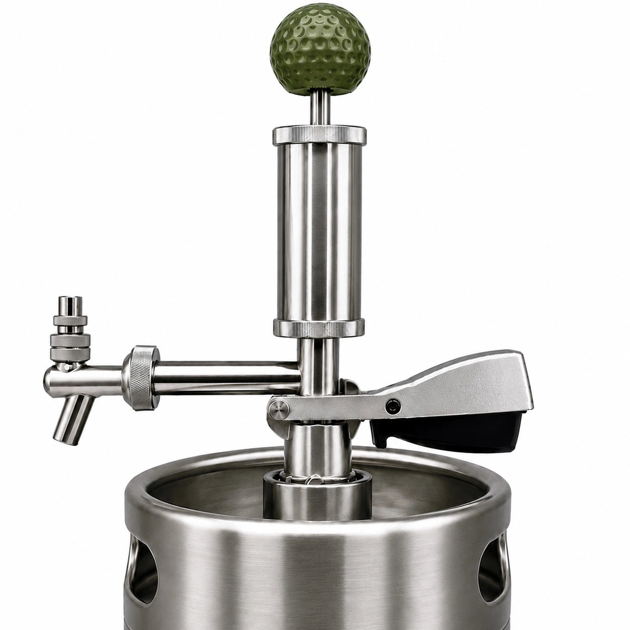 Pump Keg standard flow tap with army green golf ball topper for cocktails, wine, mocktails & beverage dispensing.