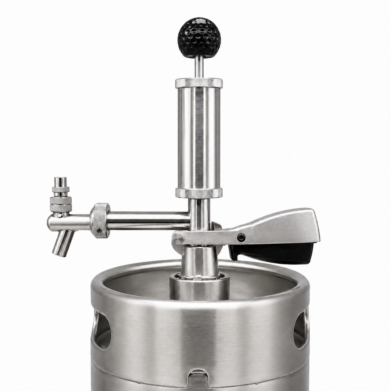 Pump Keg standard flow tap with black golf ball topper for cocktails, wine, mocktails & beverage dispensing.
