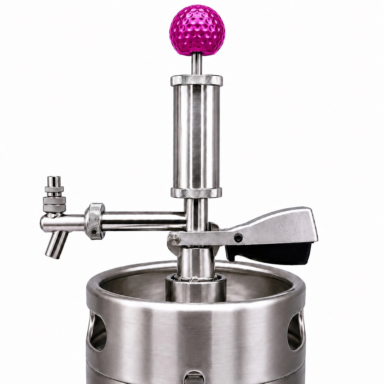 Pump Keg standard flow tap with magenta golf ball topper for cocktails, wine, mocktails & beverage dispensing.