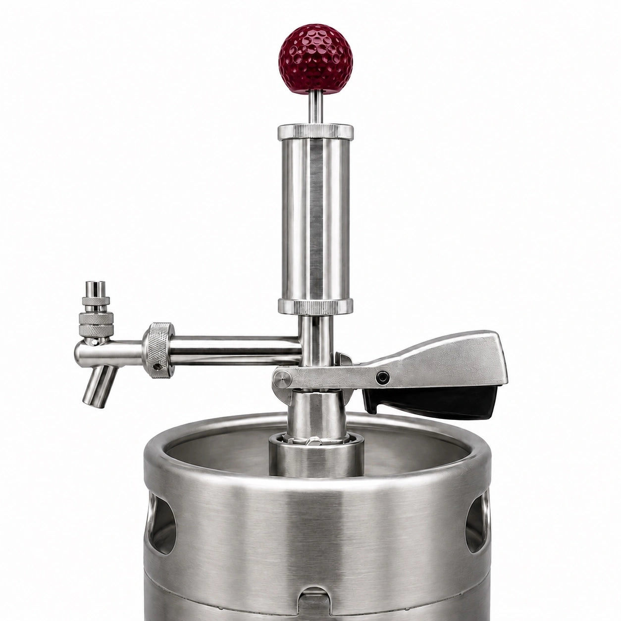Pump Keg standard flow tap with maroon golf ball topper for cocktails, wine, mocktails & beverage dispensing.