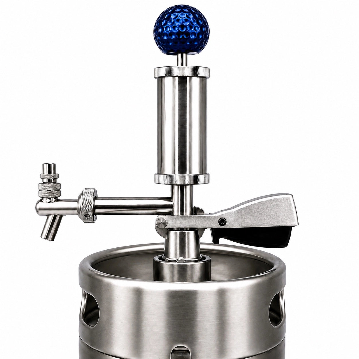 Pump Keg standard flow tap with metallic deep blue golf ball topper for cocktails, wine, mocktails & beverage dispensing.