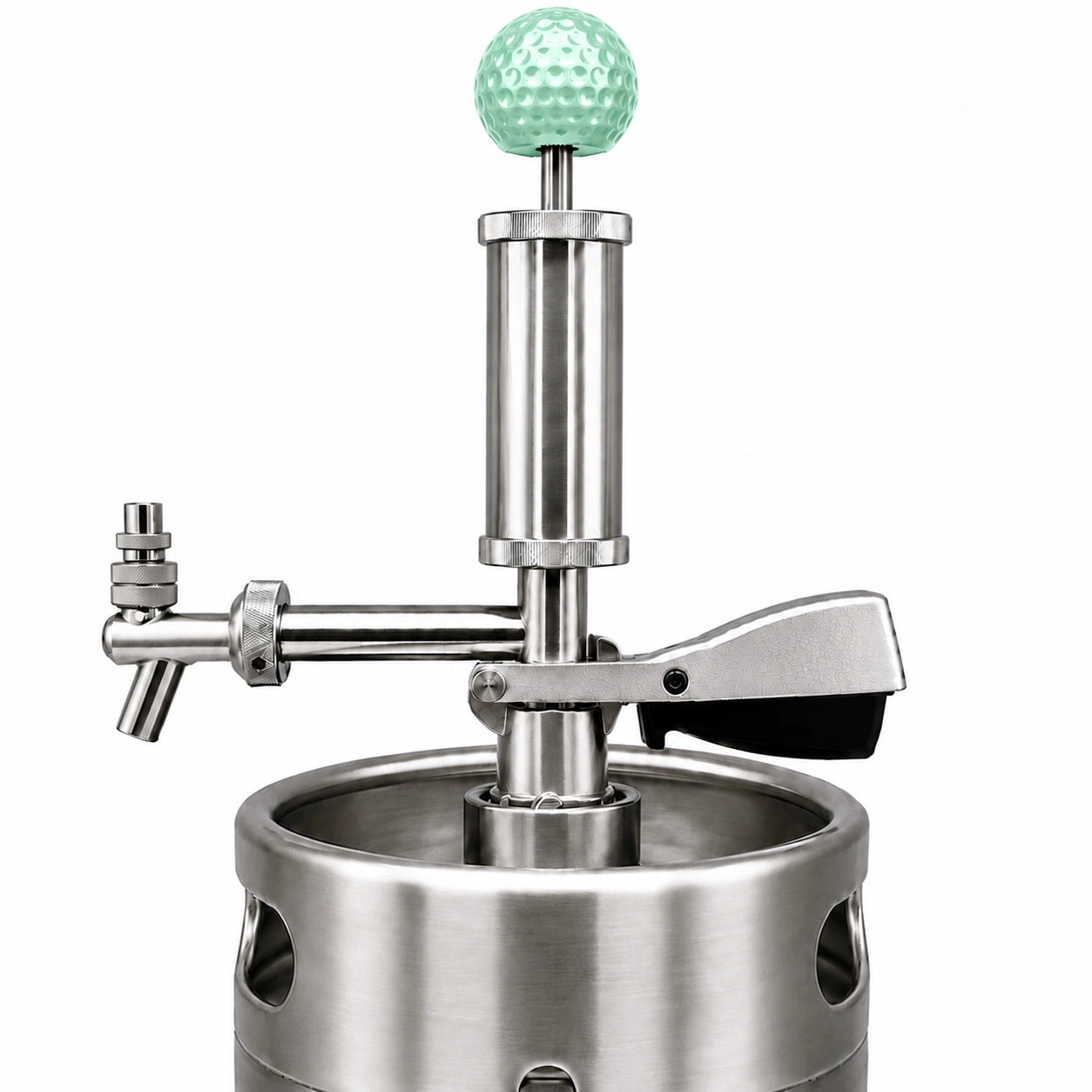 Pump Keg standard flow tap with mint golf ball topper for cocktails, wine, mocktails & beverage dispensing.