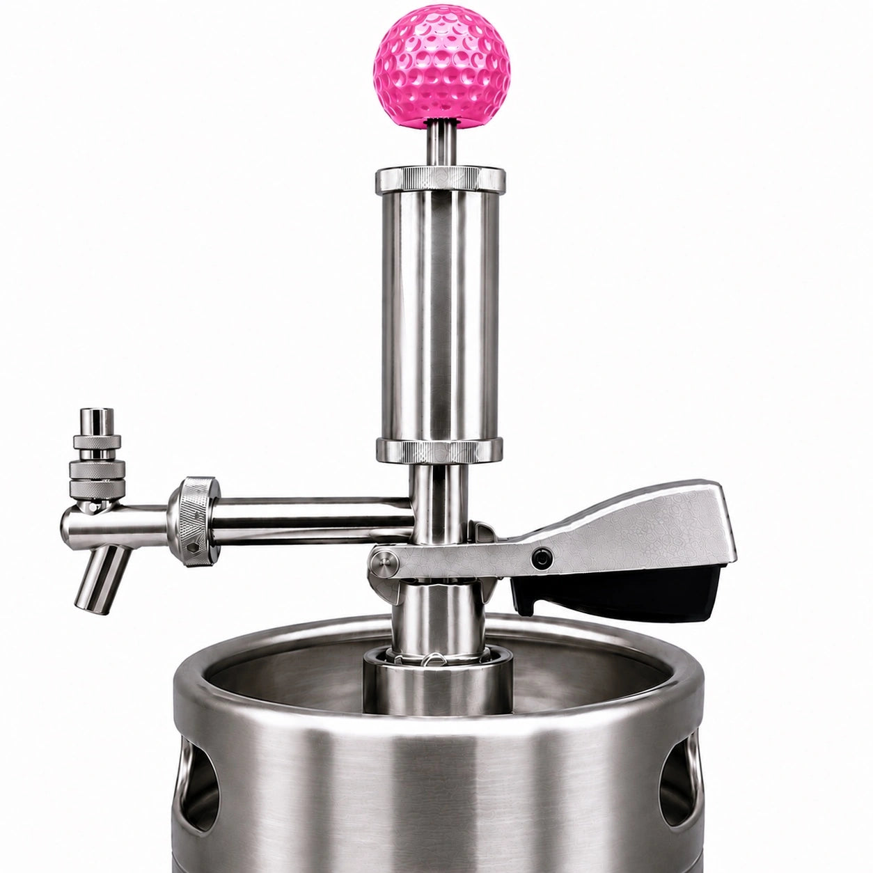 Pump Keg standard flow tap with pink golf ball topper for cocktails, wine, mocktails & beverage dispensing.