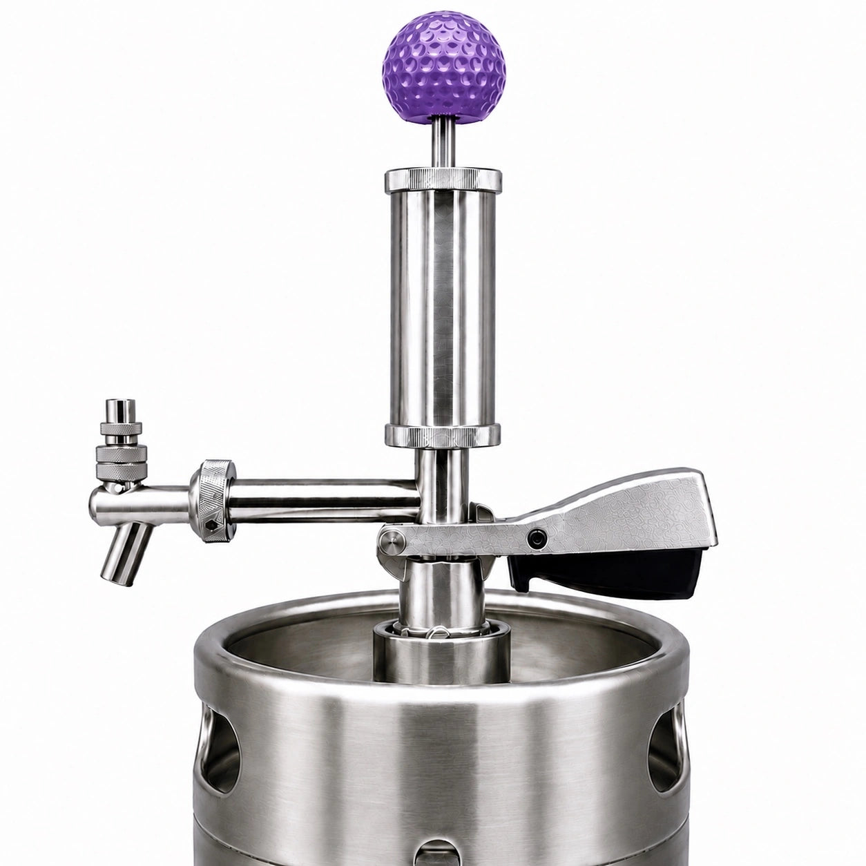 Pump Keg standard flow tap with purple golf ball topper for cocktails, wine, mocktails & beverage dispensing.