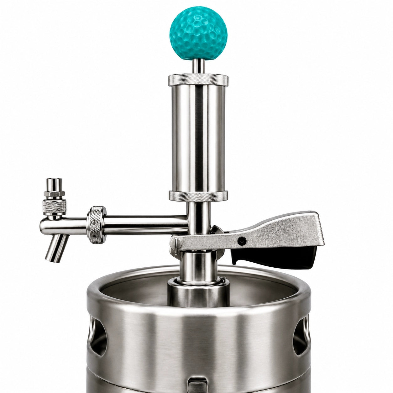 Pump Keg standard flow tap with teal golf ball topper for cocktails, wine, mocktails & beverage dispensing.