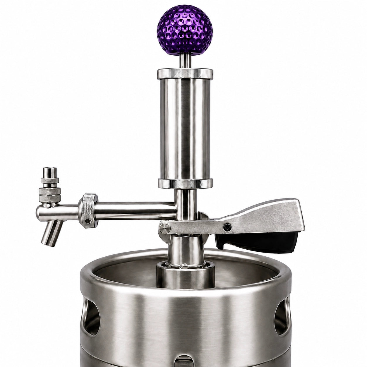 Pump Keg standard flow tap with "Transfusion" purple golf ball topper for cocktails, wine, mocktails & beverage dispensing.