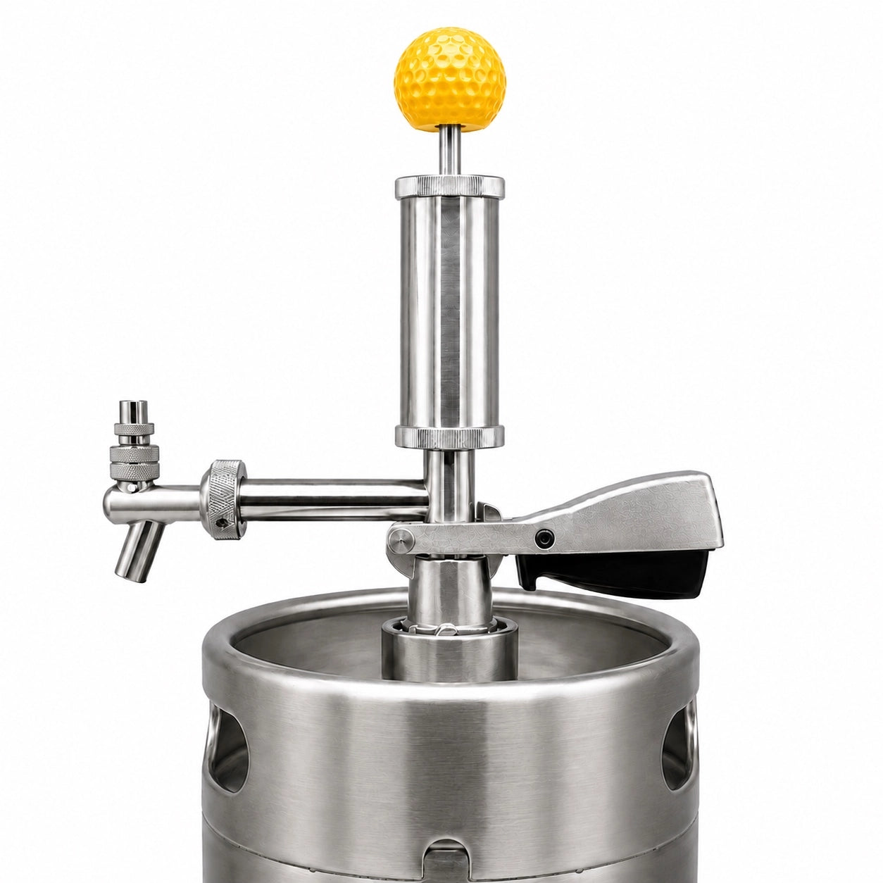 Pump Keg standard flow tap with yellow golf ball topper for cocktails, wine, mocktails & beverage dispensing.